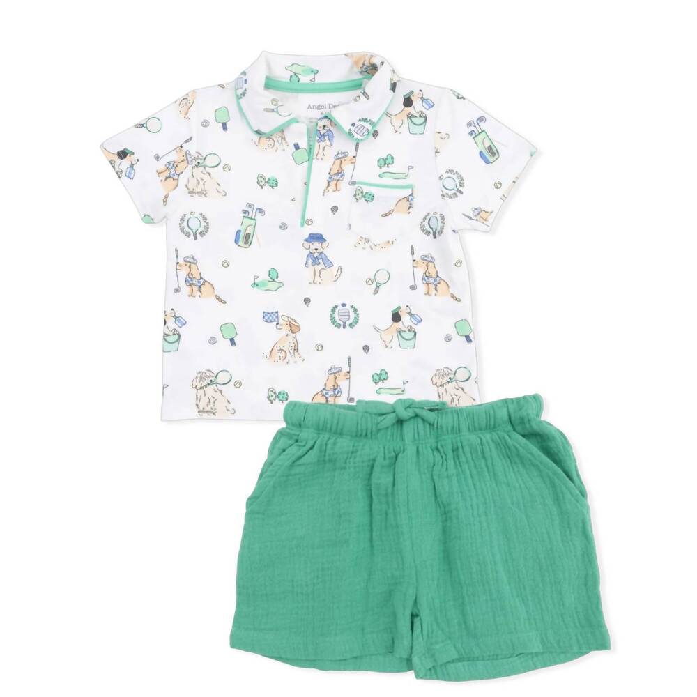NEW ANGEL DEAR kids country club dogs polo with casual short set in neutral